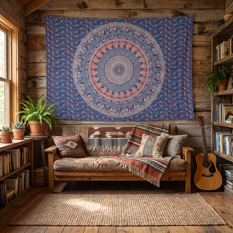 Elephant & Peacock Mandala Hand Block Printed Cotton Tapestry – Indigo & Coral