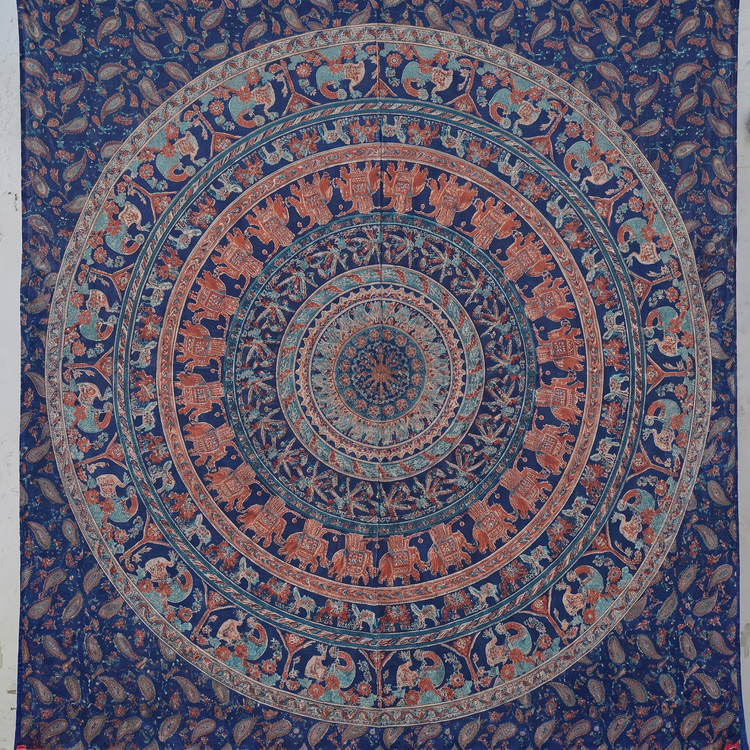 Elephant & Peacock Mandala Hand Block Printed Cotton Tapestry – Indigo & Coral