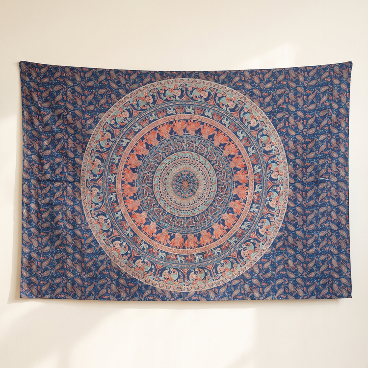 Elephant & Peacock Mandala Hand Block Printed Cotton Tapestry – Indigo & Coral