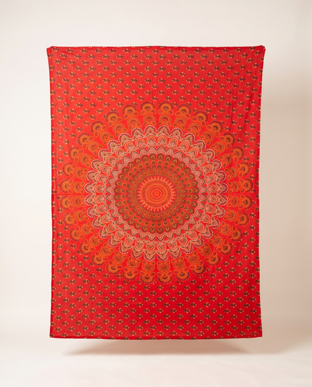 Scarlet red floral medallion mandala hand block printed cotton tapestry, 210 x 135 cm