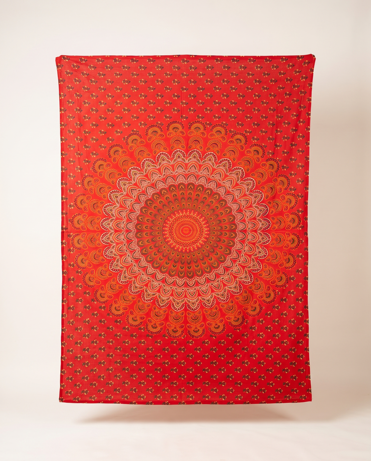 Scarlet red floral medallion mandala hand block printed cotton tapestry, 210 x 135 cm