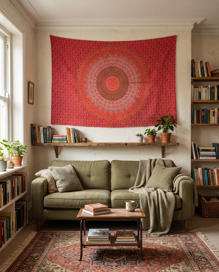 Floral Medallion Mandala Hand Block Printed Cotton Tapestry – Scarlet Red