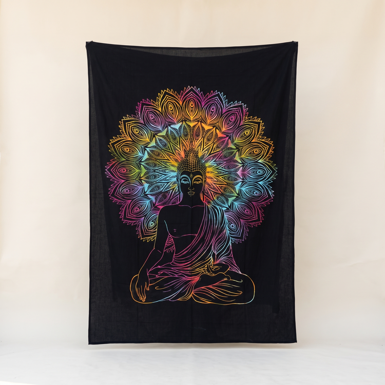 Meditating Buddha Cotton Tapestry – Rainbow on Black Wall Hanging