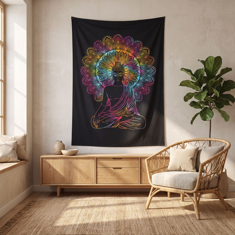 Meditating Buddha Cotton Tapestry – Rainbow on Black Wall Hanging