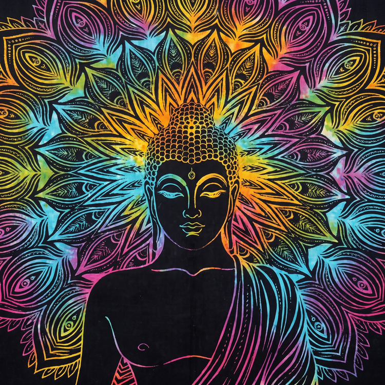 Meditating Buddha Cotton Tapestry – Rainbow on Black Wall Hanging