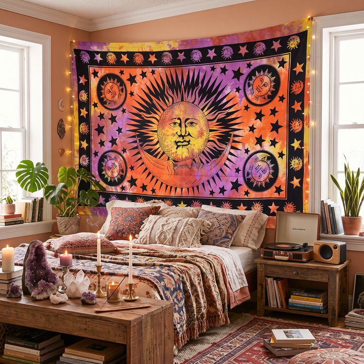 Celestial Sun & Moon Cotton Tapestry – Sunset Tie-Dye Wall Hanging
