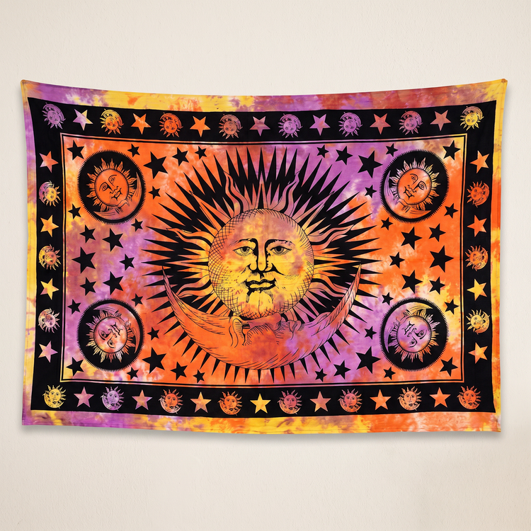 Celestial Sun & Moon Cotton Tapestry – Sunset Tie-Dye Wall Hanging