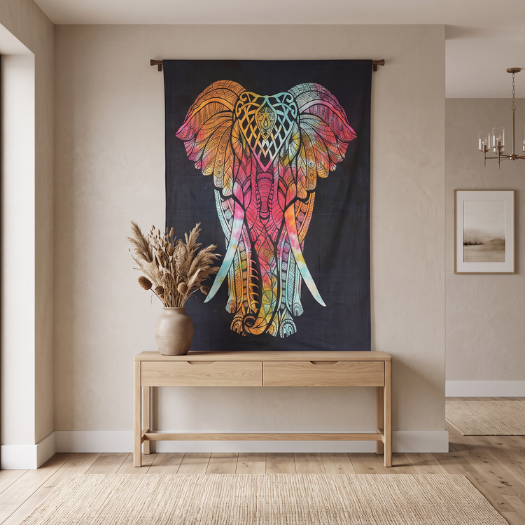 Ornate Elephant Cotton Tapestry – Rainbow Tie-Dye on Black