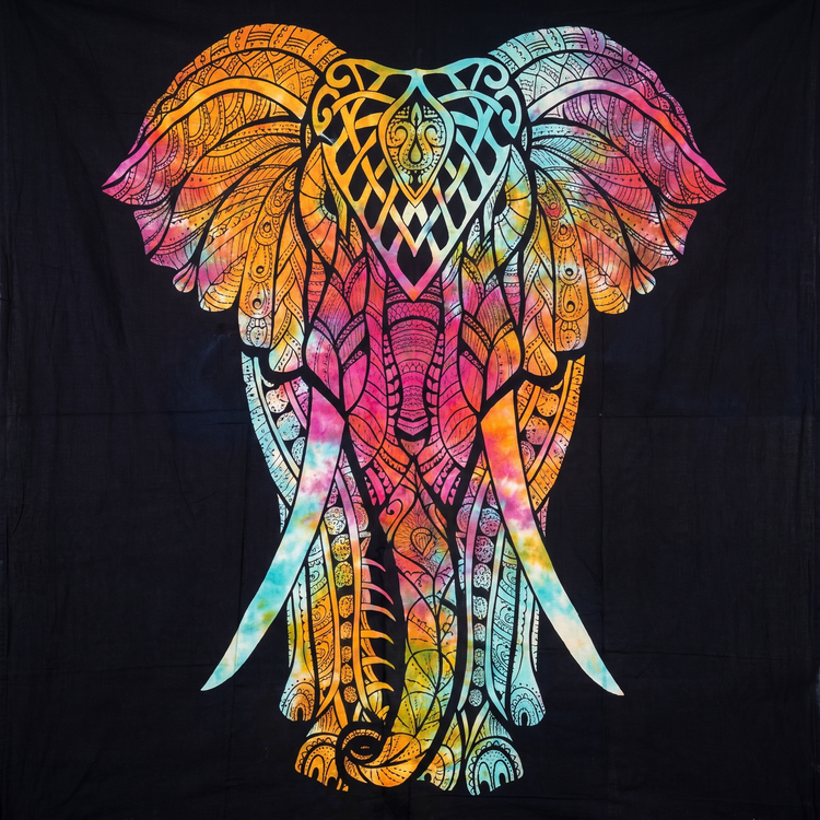 Ornate Elephant Cotton Tapestry – Rainbow Tie-Dye on Black