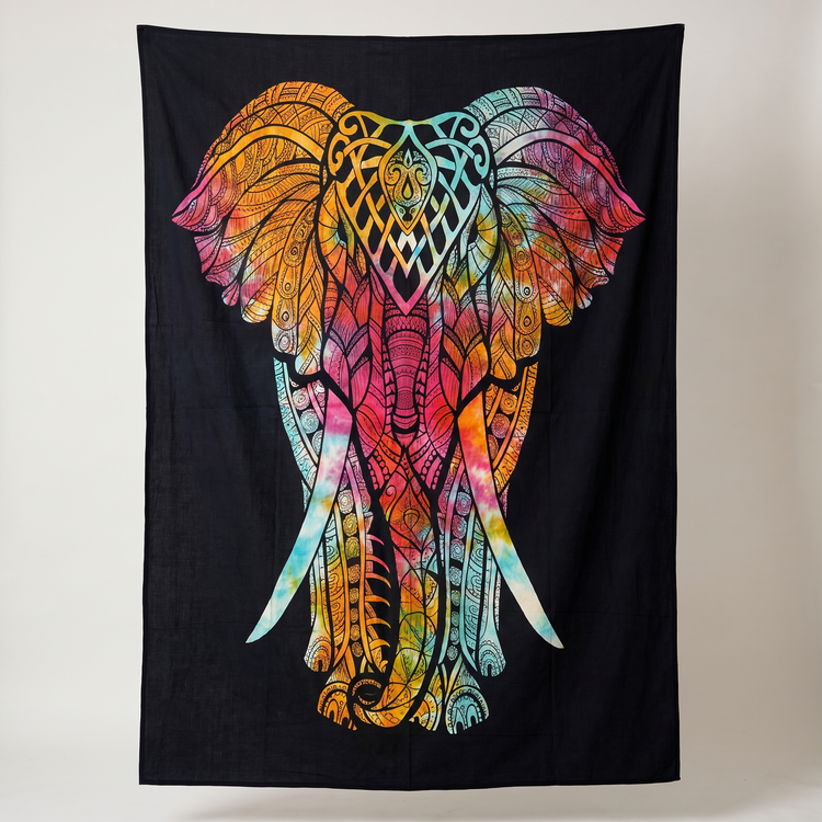 Ornate Elephant Cotton Tapestry – Rainbow Tie-Dye on Black