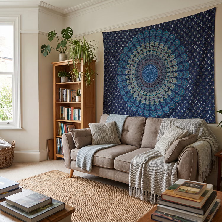Peacock Fan Mandala Hand Block Printed Cotton Tapestry – Navy & Teal