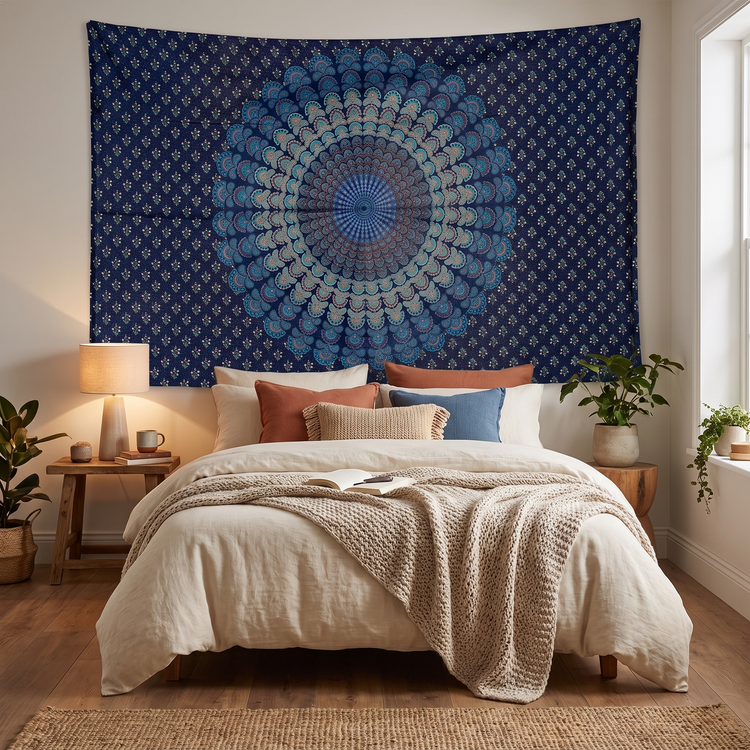 Peacock Fan Mandala Hand Block Printed Cotton Tapestry – Navy & Teal