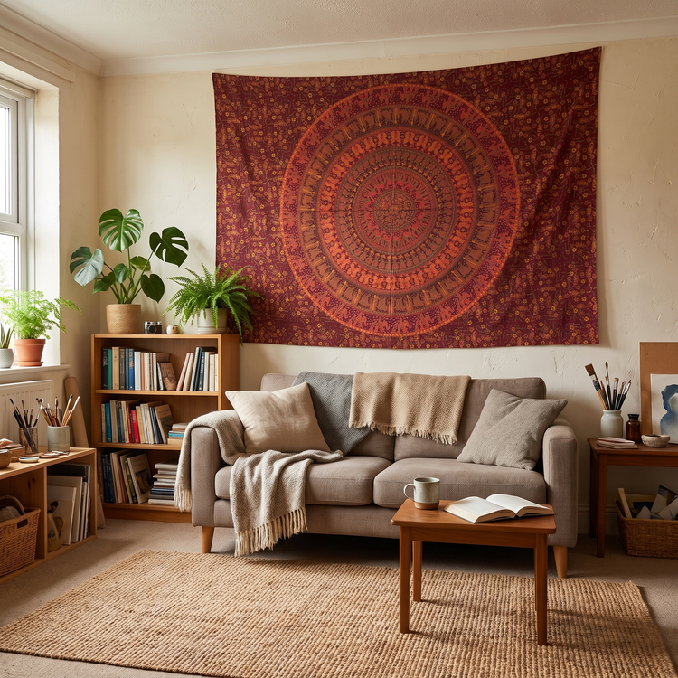 Camel Mandala Hand Block Printed Cotton Tapestry – Burgundy & Saffron