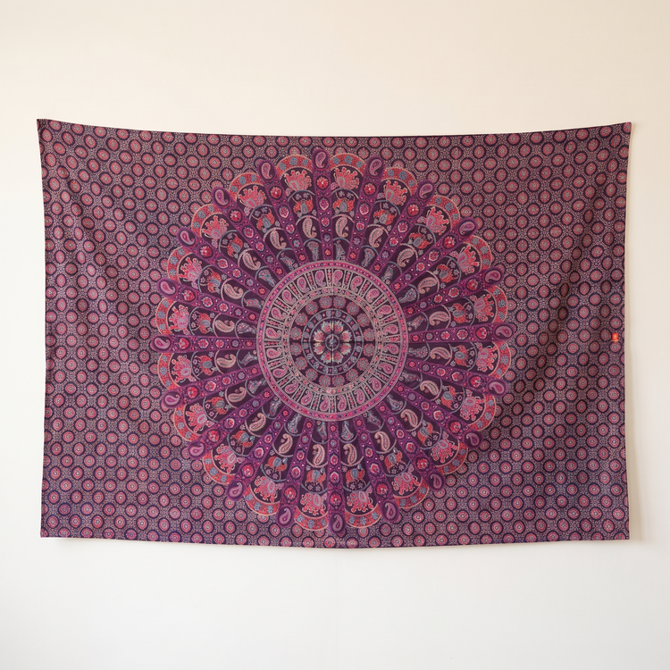 Elephant & Peacock Mandala Hand Block Printed Cotton Tapestry – Plum & Rose