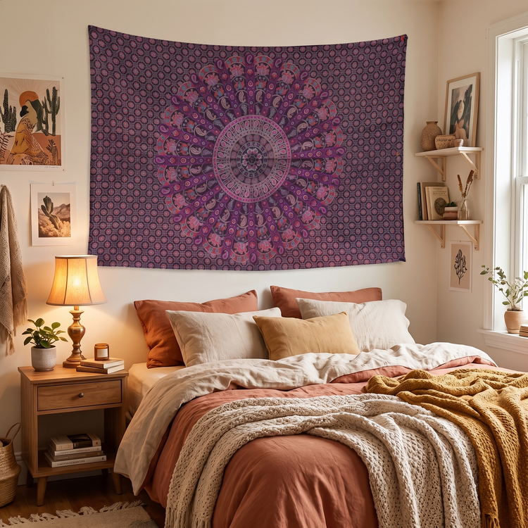 Elephant & Peacock Mandala Hand Block Printed Cotton Tapestry – Plum & Rose