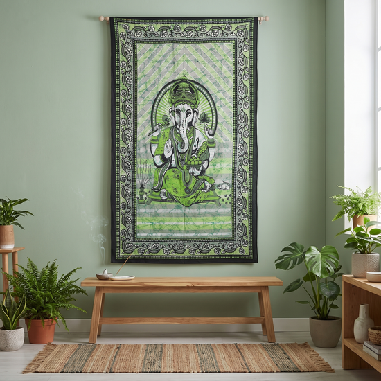 Emerald green Ganesha batik tapestry showing crackled wax-resist dye ground
