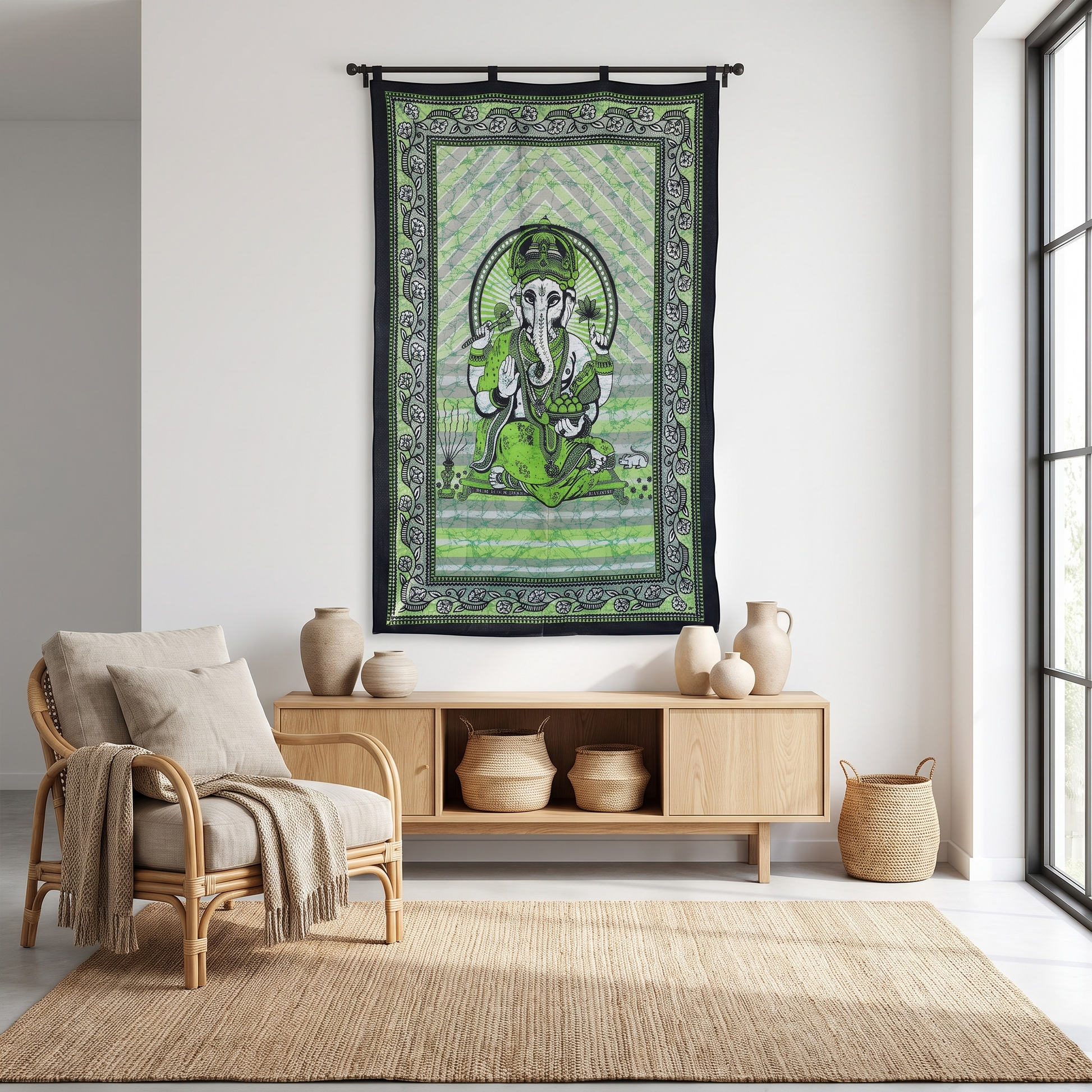 Emerald Ganesha batik tapestry hung as a wall hanging