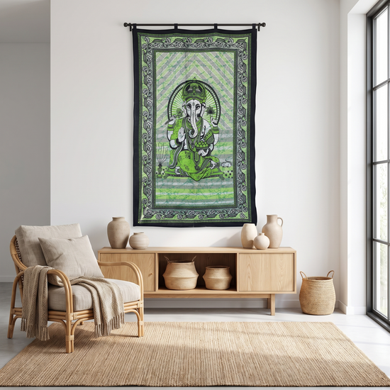 Emerald Ganesha batik tapestry hung as a wall hanging