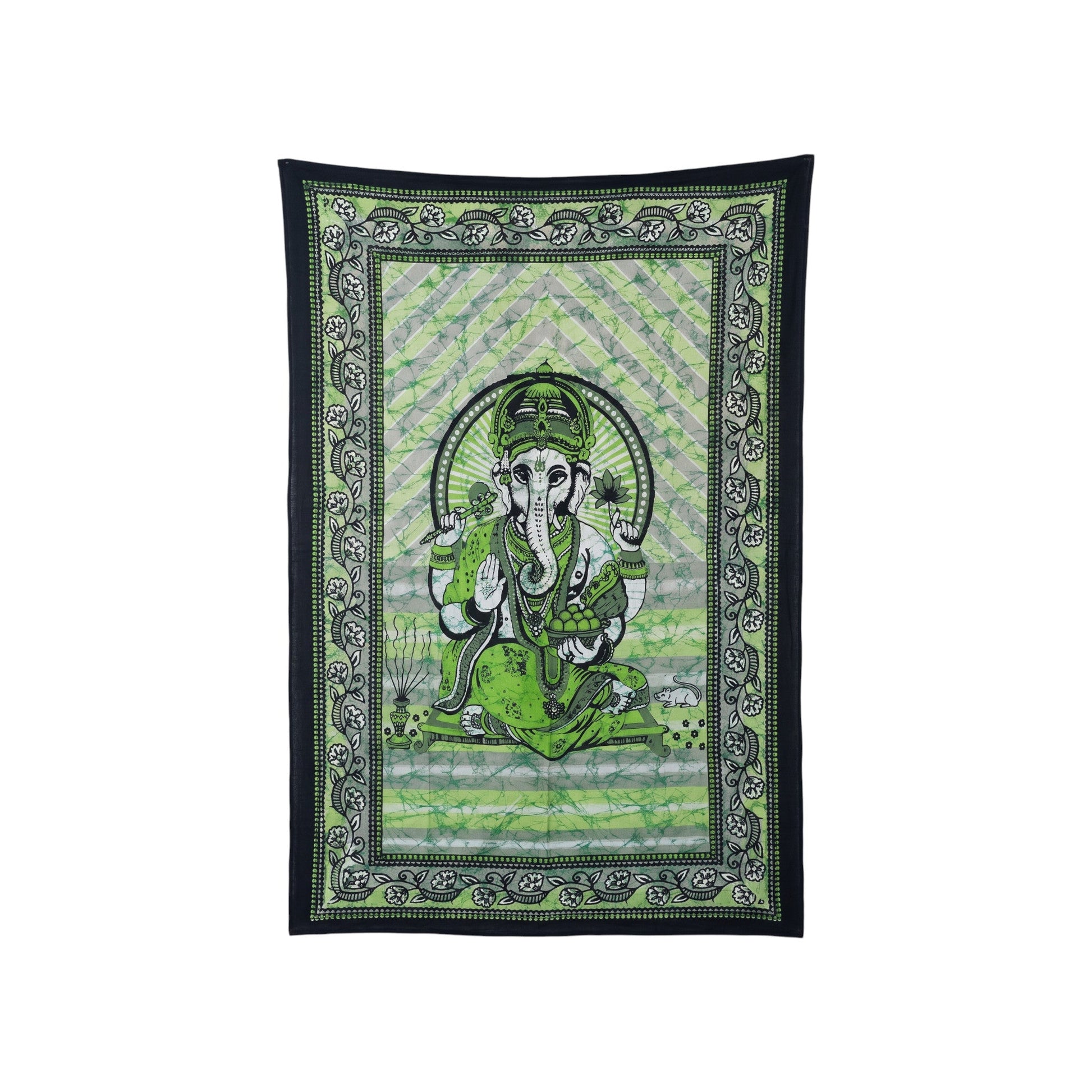 Ganesha batik cotton tapestry in emerald green, 210 x 135 cm