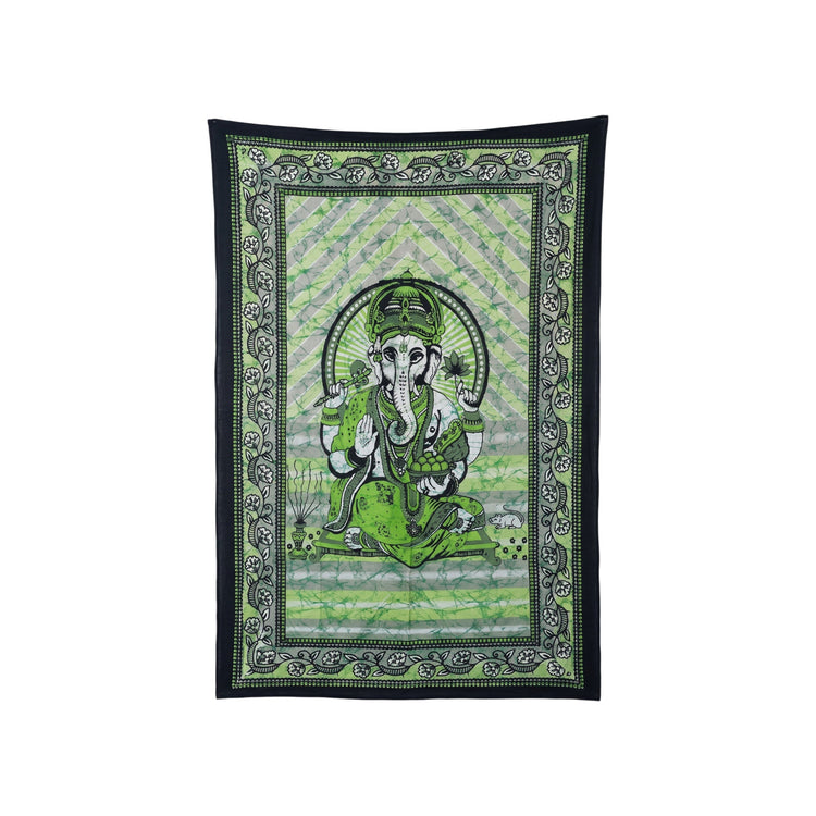 Ganesha batik cotton tapestry in emerald green, 210 x 135 cm