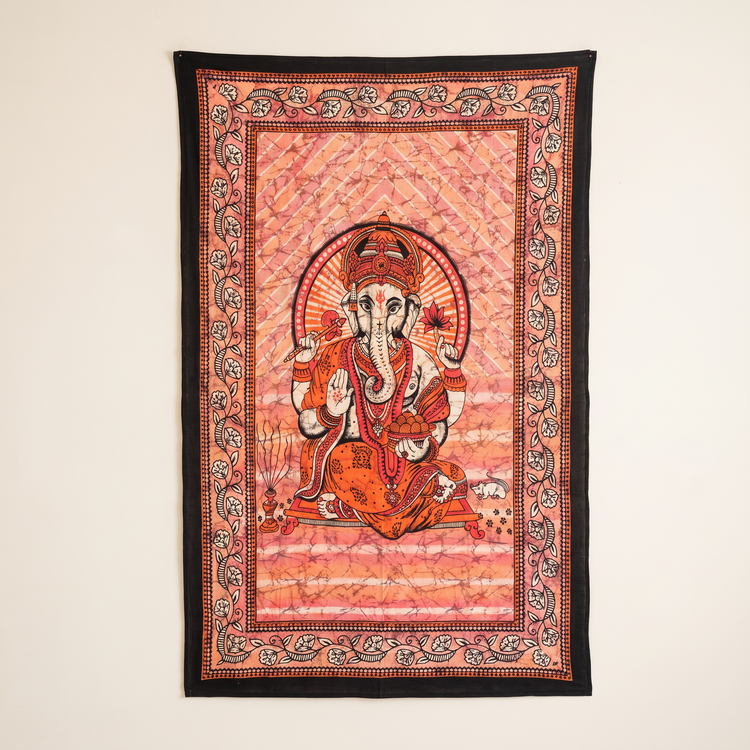 Ganesha Batik Cotton Tapestry – Saffron Orange Wall Hanging