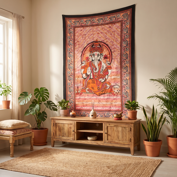 Ganesha Batik Cotton Tapestry – Saffron Orange Wall Hanging