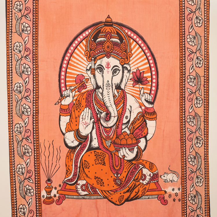 Ganesha Batik Cotton Tapestry – Saffron Orange Wall Hanging
