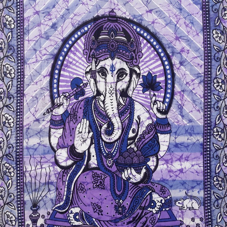 Violet purple Ganesha batik cotton tapestry wall hanging, 210 x 135 cm