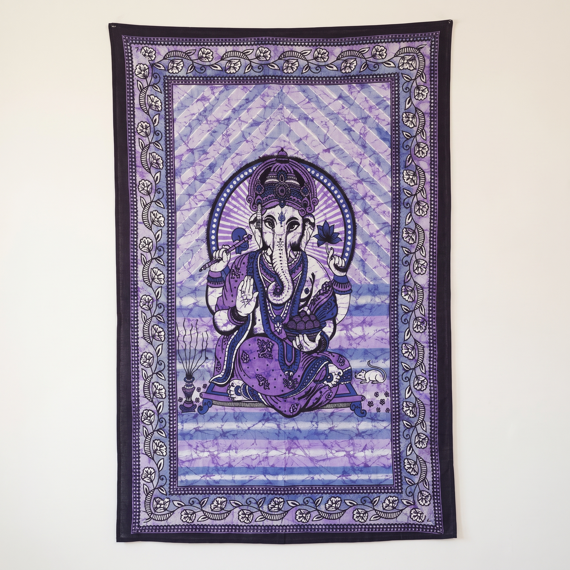 Violet Ganesha batik tapestry showing marbled purple and rose dye ground
