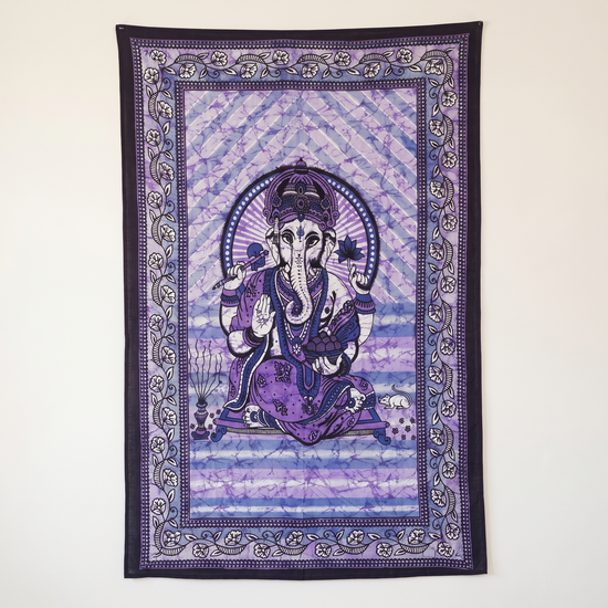 Violet Ganesha batik tapestry showing marbled purple and rose dye ground
