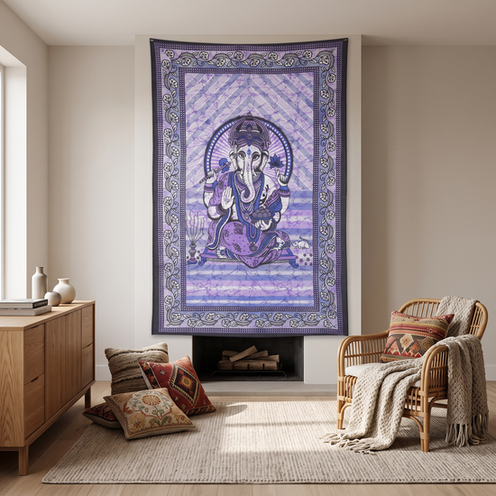 Violet purple Ganesha batik tapestry hung as a wall hanging
