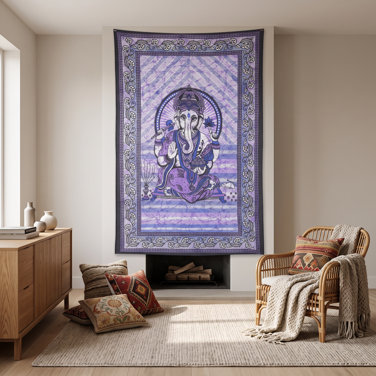Violet purple Ganesha batik tapestry hung as a wall hanging