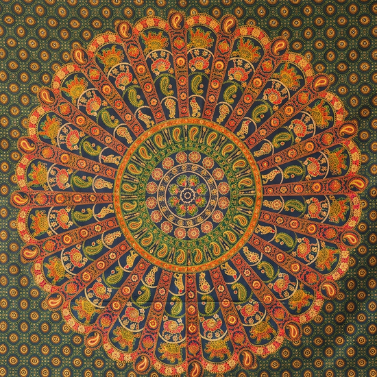 Peacock fan mandala detail with paisley panels in marigold on forest green