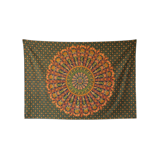 Peacock fan mandala hand block printed cotton tapestry in forest green and marigold, 210 x 135 cm