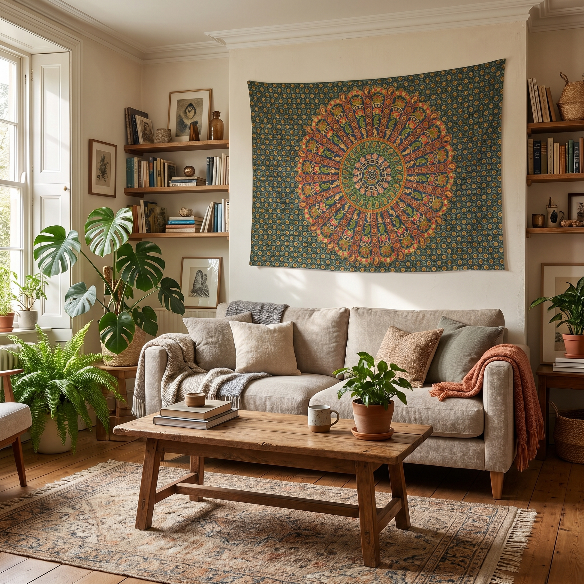 Forest green peacock mandala cotton tapestry hung as a wall hanging