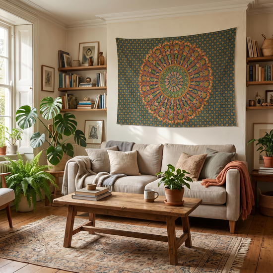 Forest green peacock mandala cotton tapestry hung as a wall hanging