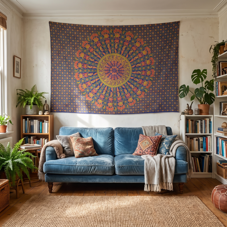 Peacock Fan Mandala Hand Block Printed Cotton Tapestry – Cobalt & Saffron