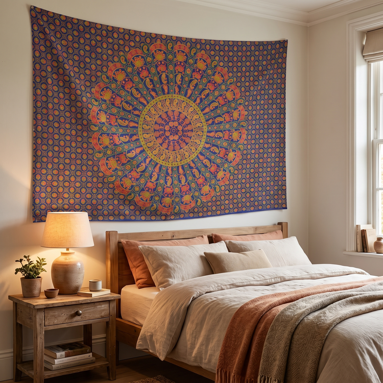 Peacock Fan Mandala Hand Block Printed Cotton Tapestry – Cobalt & Saffron