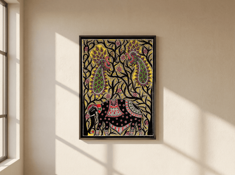 Royal Elephant & Peacock Forest – Madhubani Folk Painting