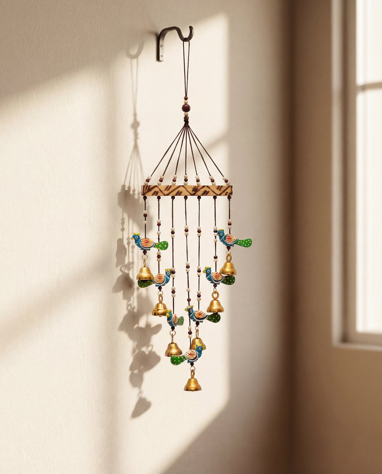 Artisanal Wooden Windchime With Handpainted Peacock & Bells