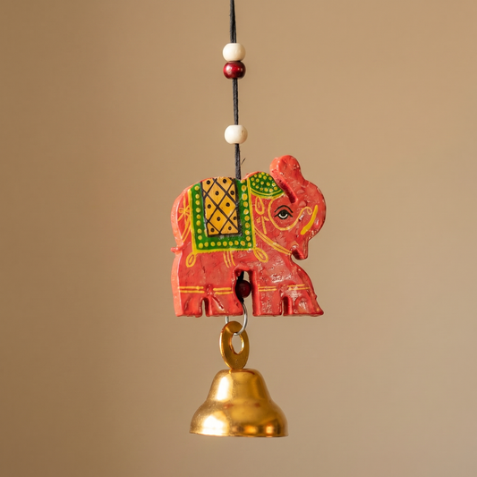 Artisanal Wooden Windchime With Handpainted Elephants & Bells