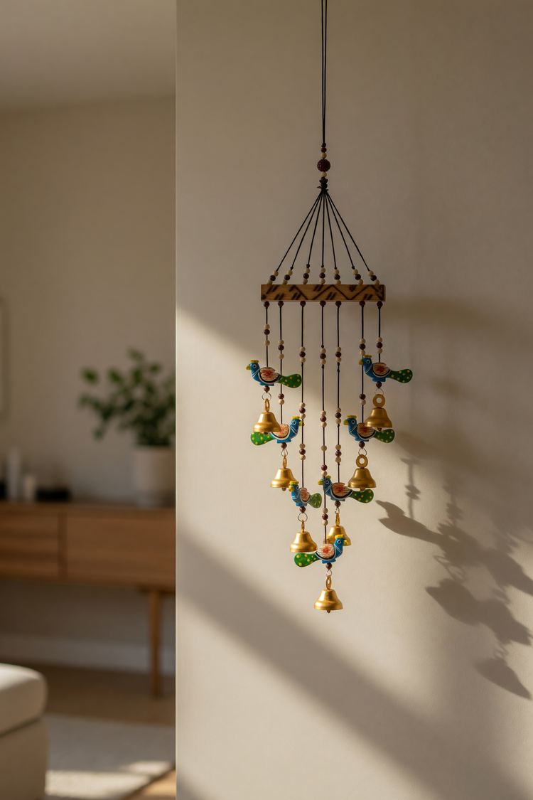 Artisanal Wooden Windchime With Handpainted Peacock & Bells