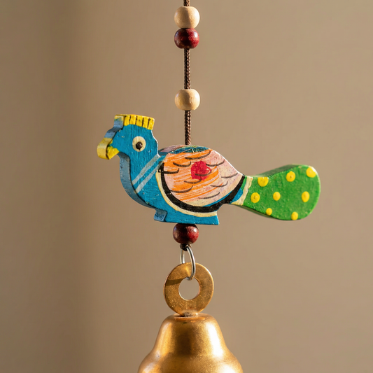 Artisanal Wooden Windchime With Handpainted Peacock & Bells
