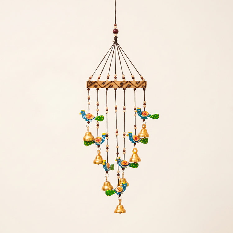 Artisanal Wooden Windchime With Handpainted Peacock & Bells