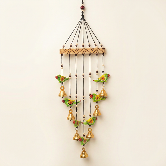 Artisanal Wooden Windchime with Handpainted Birds & Golden Bells