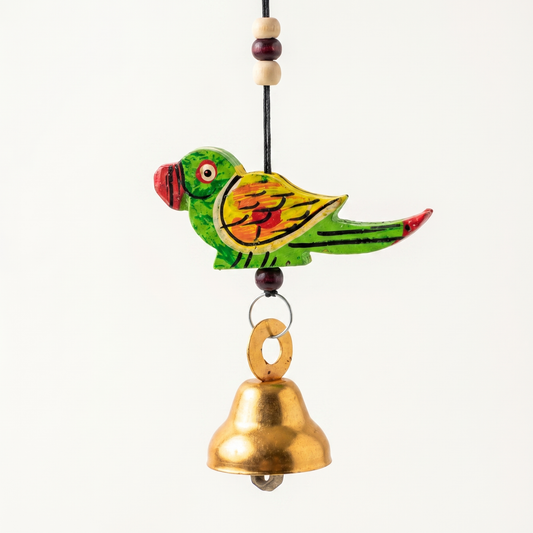 Artisanal Wooden Windchime with Handpainted Birds & Golden Bells