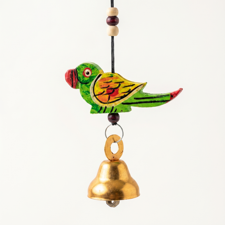Artisanal Wooden Windchime with Handpainted Birds & Golden Bells