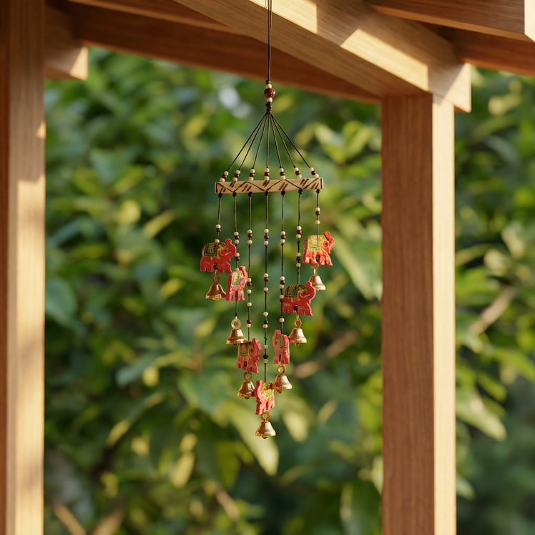 Artisanal Wooden Windchime With Handpainted Elephants & Bells