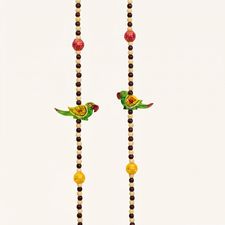Pair of Long Vibrant Hand-Painted Parrot Beaded Windchimes