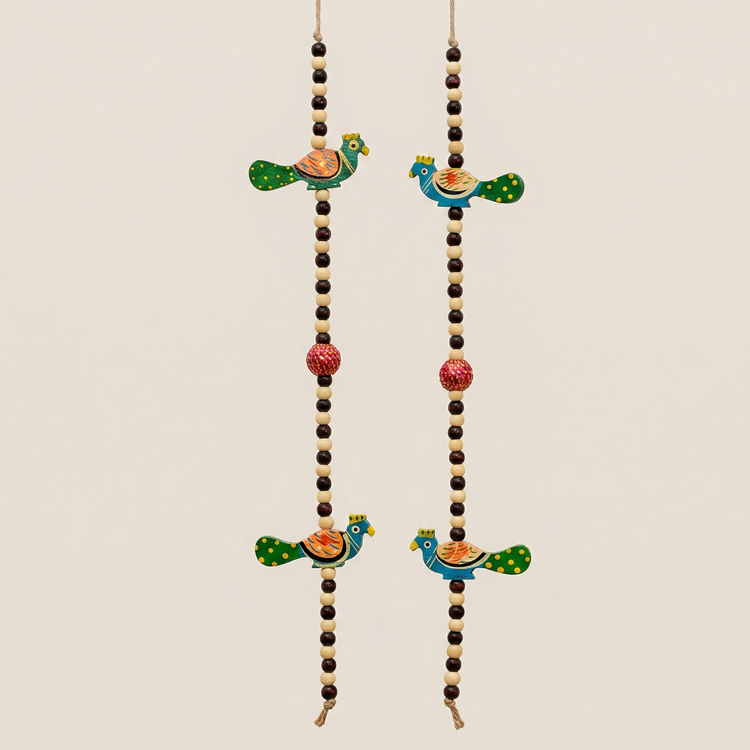 Pair of Long Vibrant Hand-Painted Peacock Windchimes
